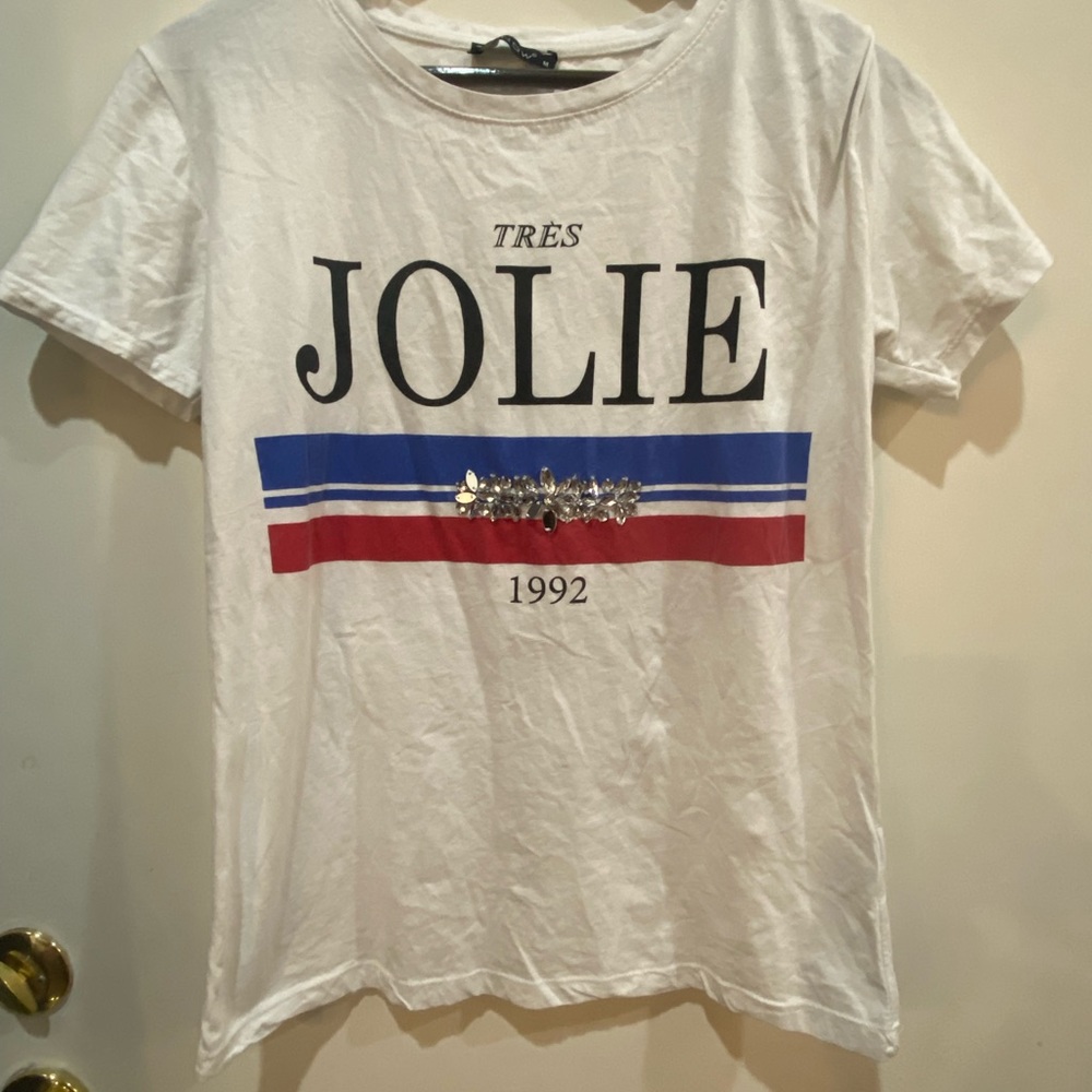 Vintage 90s T-Shirt Tres Jolie 1992 with Bedazzling Gems White Red Blue